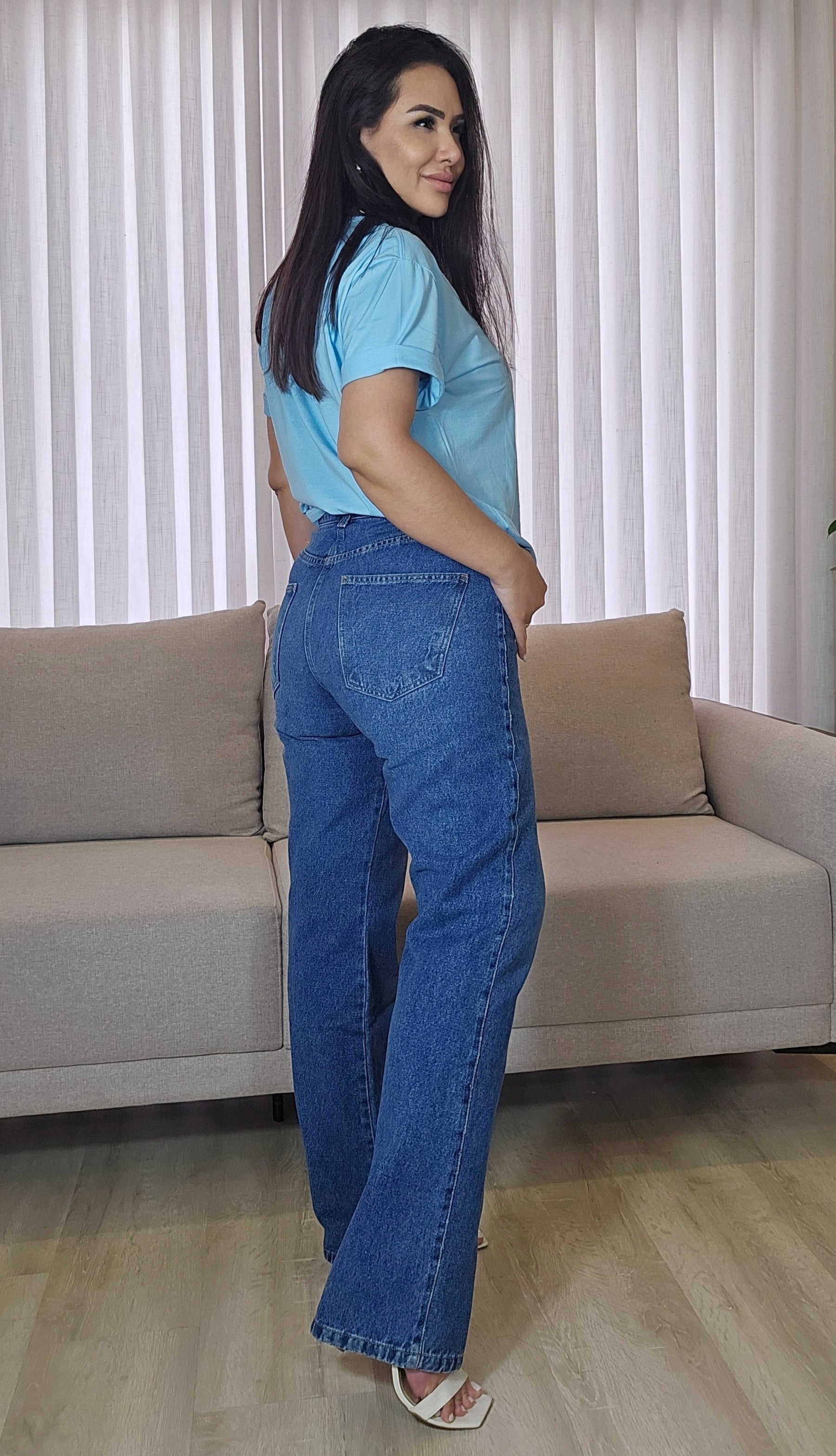 Calça Jeans Feminina Reta 100% Algodão com Cintura Alta