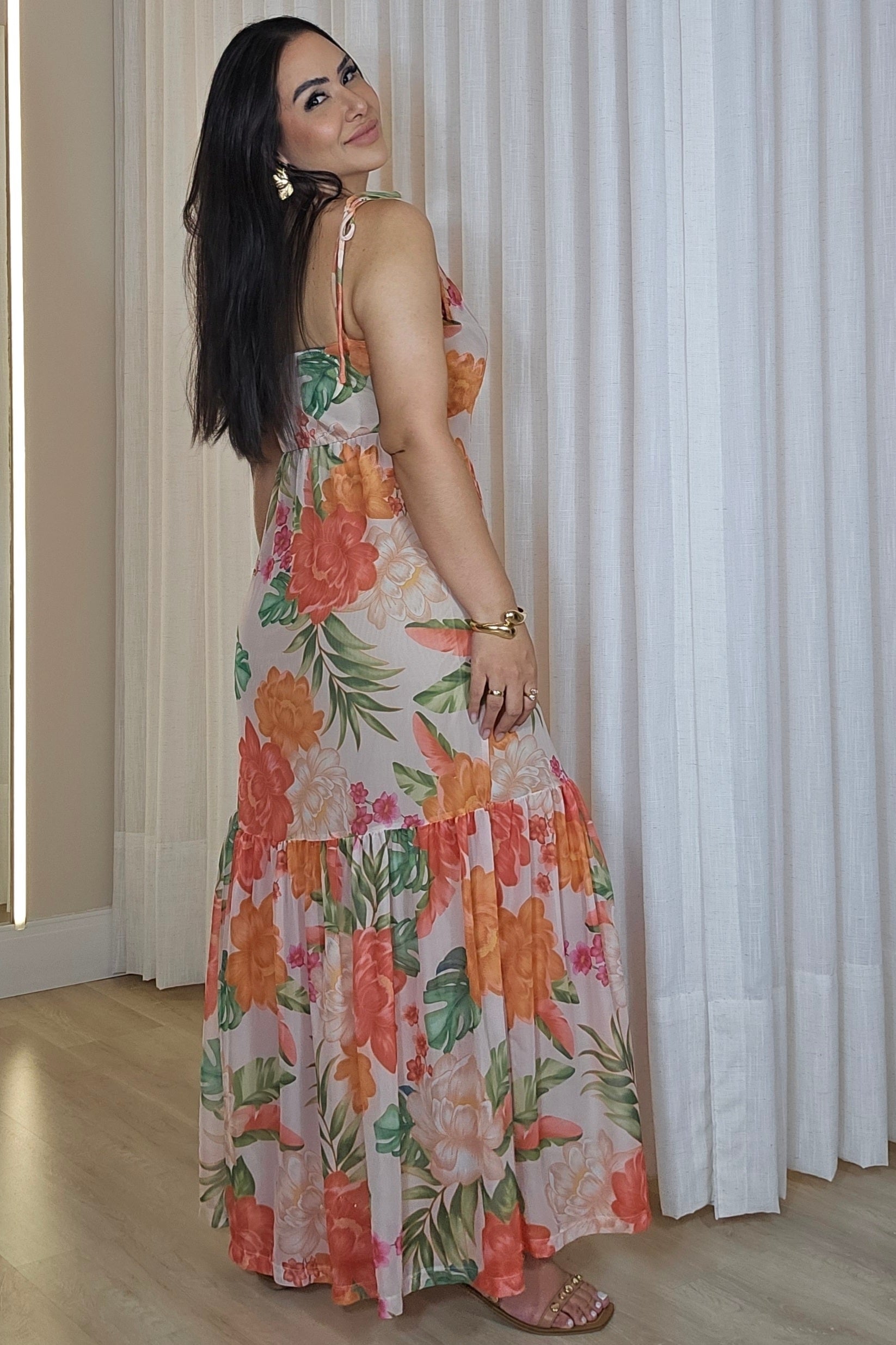 Vestido Longo Feminino em Tule Estampado Premium