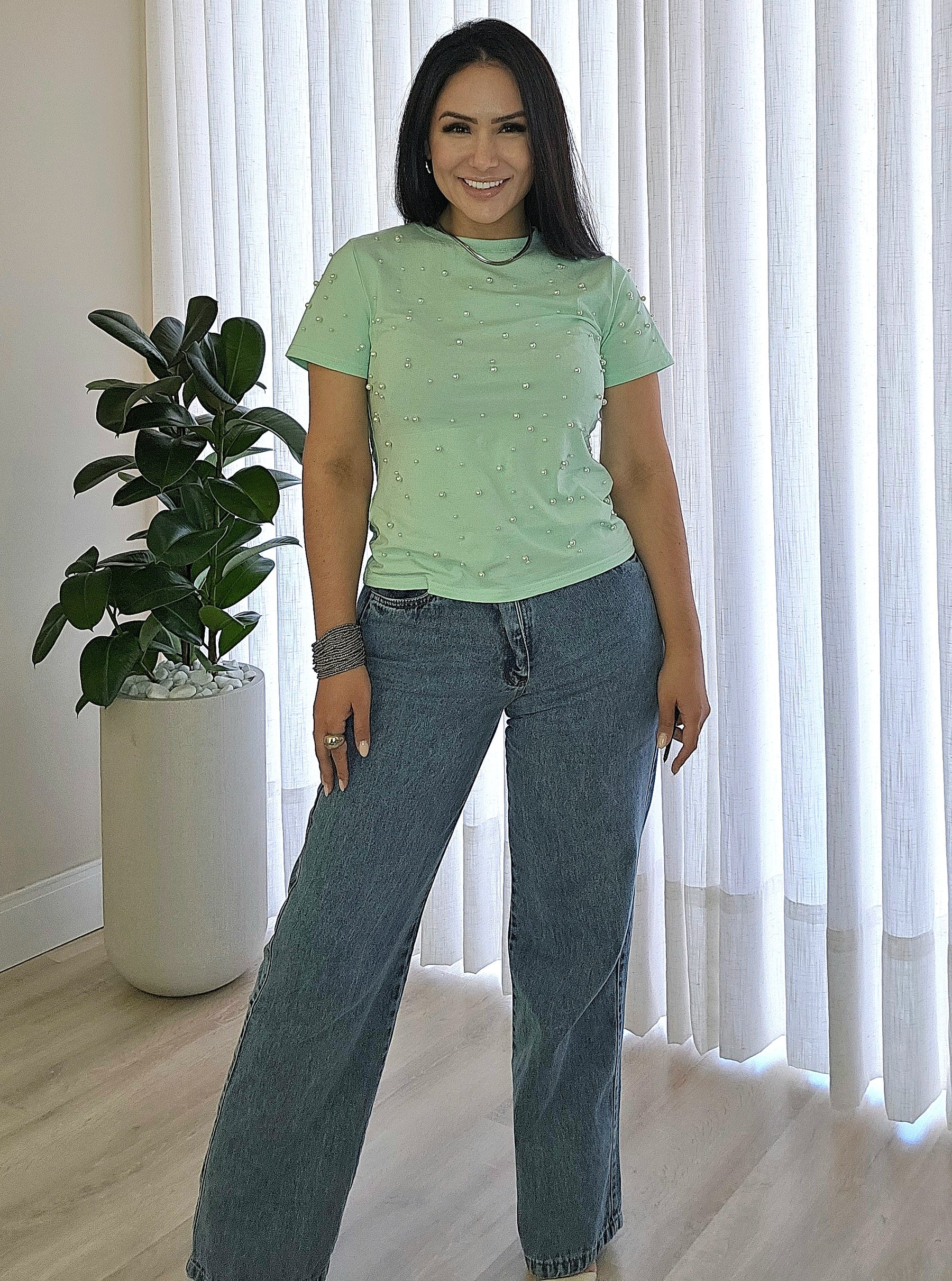 Calça jeans feminina wide leg 100% algodão