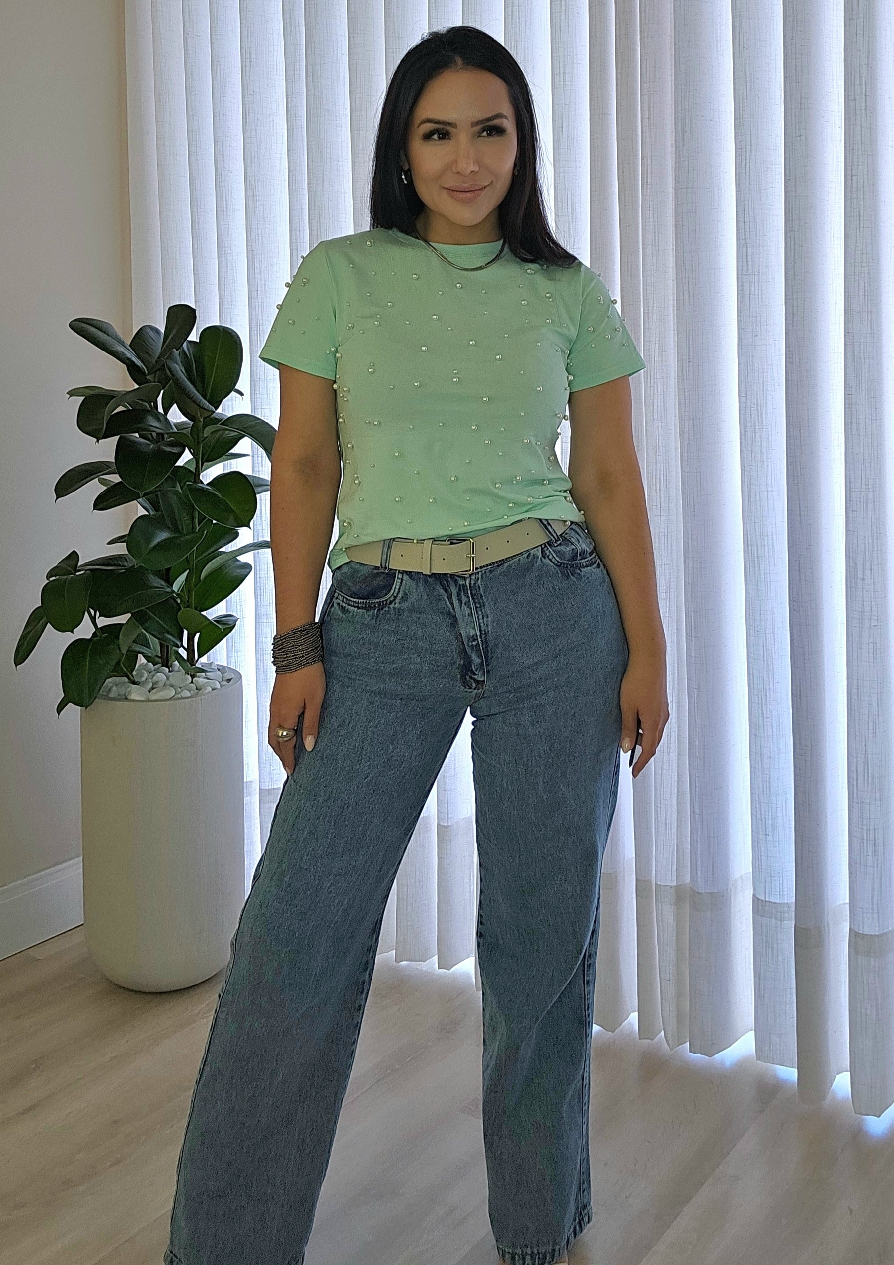 Calça jeans feminina wide leg 100% algodão