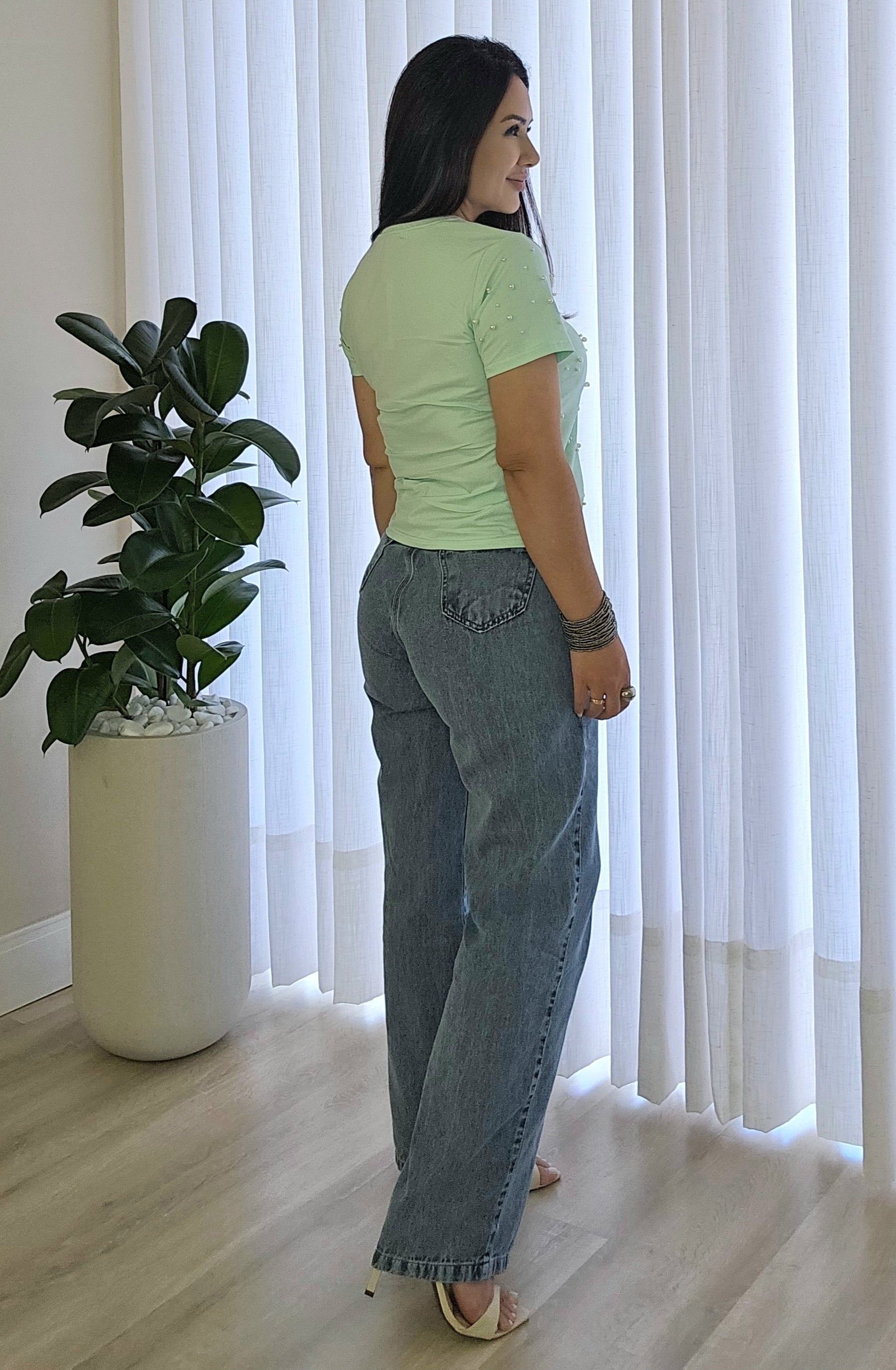 Calça jeans feminina wide leg 100% algodão