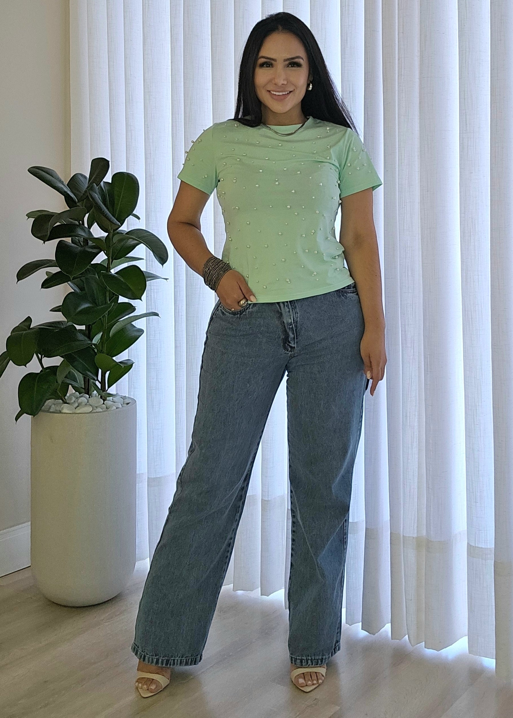 Calça jeans feminina wide leg 100% algodão