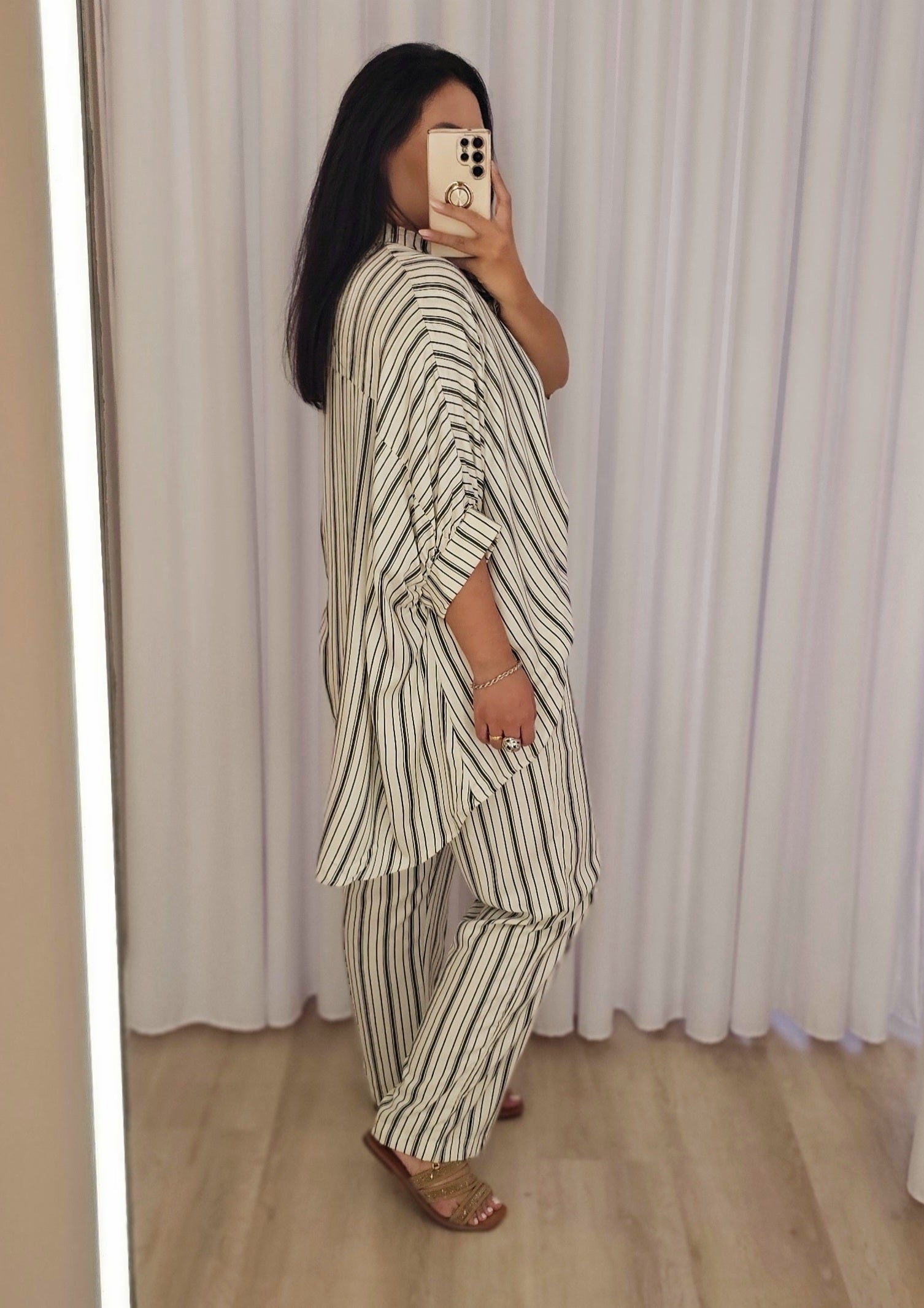 Conjunto feminino listrado luxo com camisa mullet