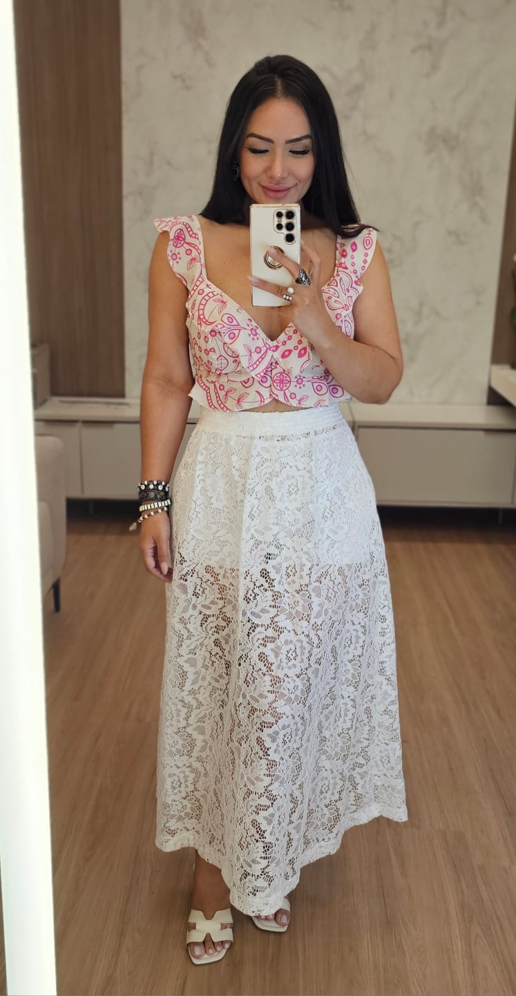 Saia Midi branca em Renda Premium