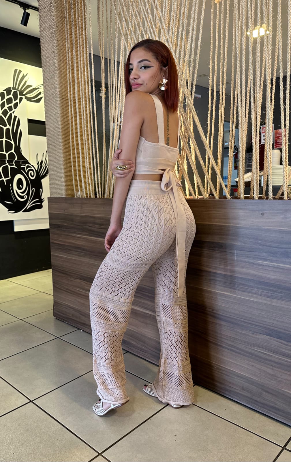 Conjunto feminino Tricô Premium 3 Peças - top de amarração e calça