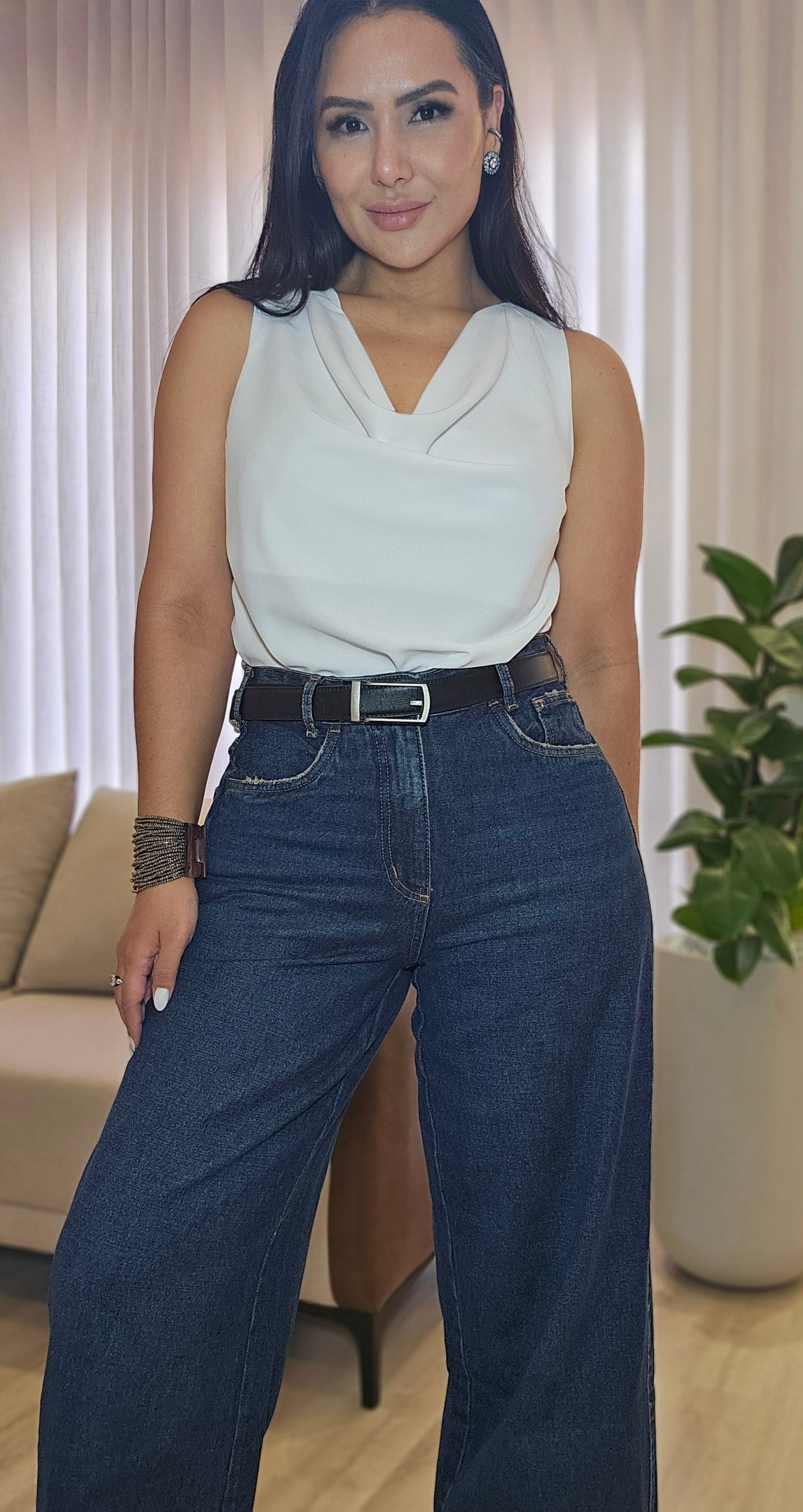 Calça Jeans Wide Leg Feminina 100% Algodão