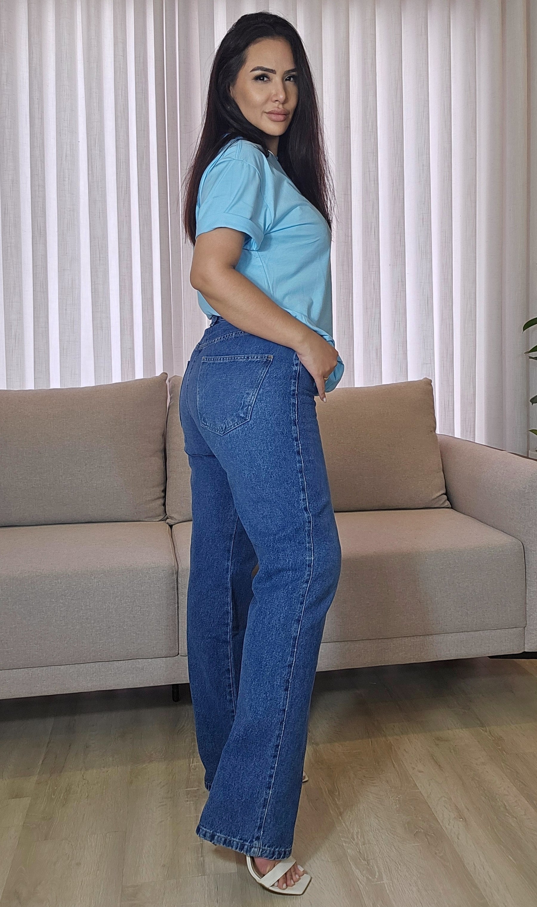 Calça Jeans Feminina Reta 100% Algodão com Cintura Alta