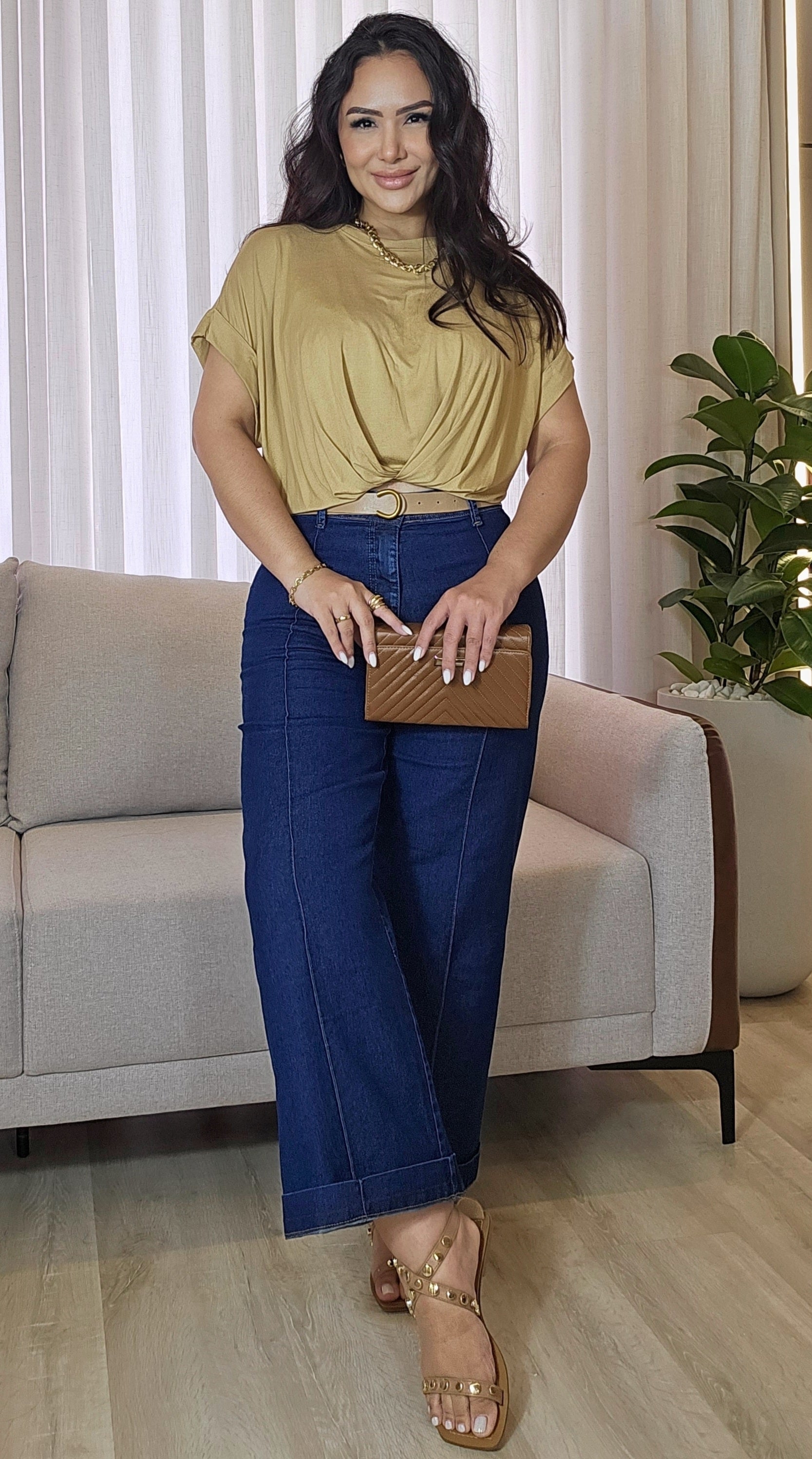 Calça Jeans Wide Leg Feminina Cintura Alta Azul Escuro com Costura Marcada