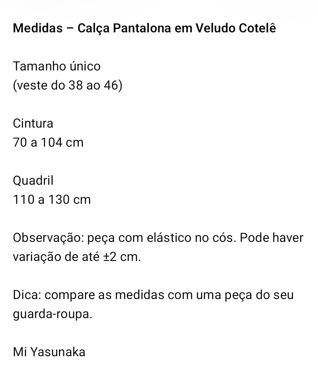 Calça pantalona Manu em Veludo Cotelê - Em cores
