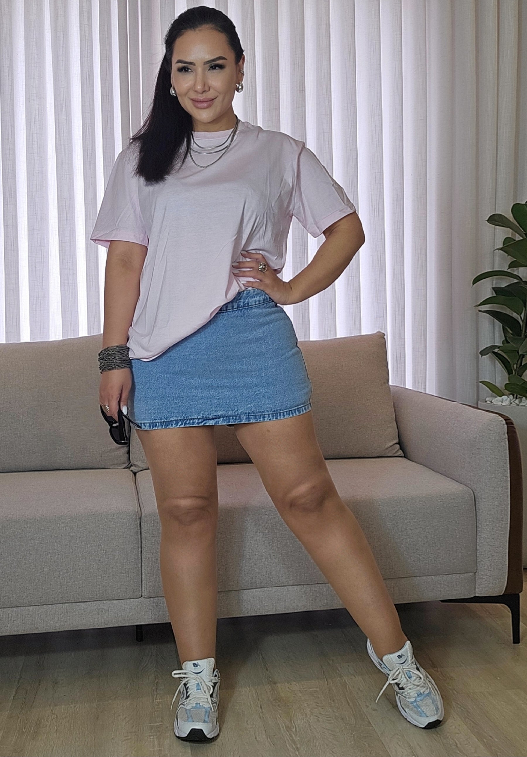 Short Saia Jeans Azul Feminino 100% Algodão com Caimento Ajustado e Lavagem Moderna