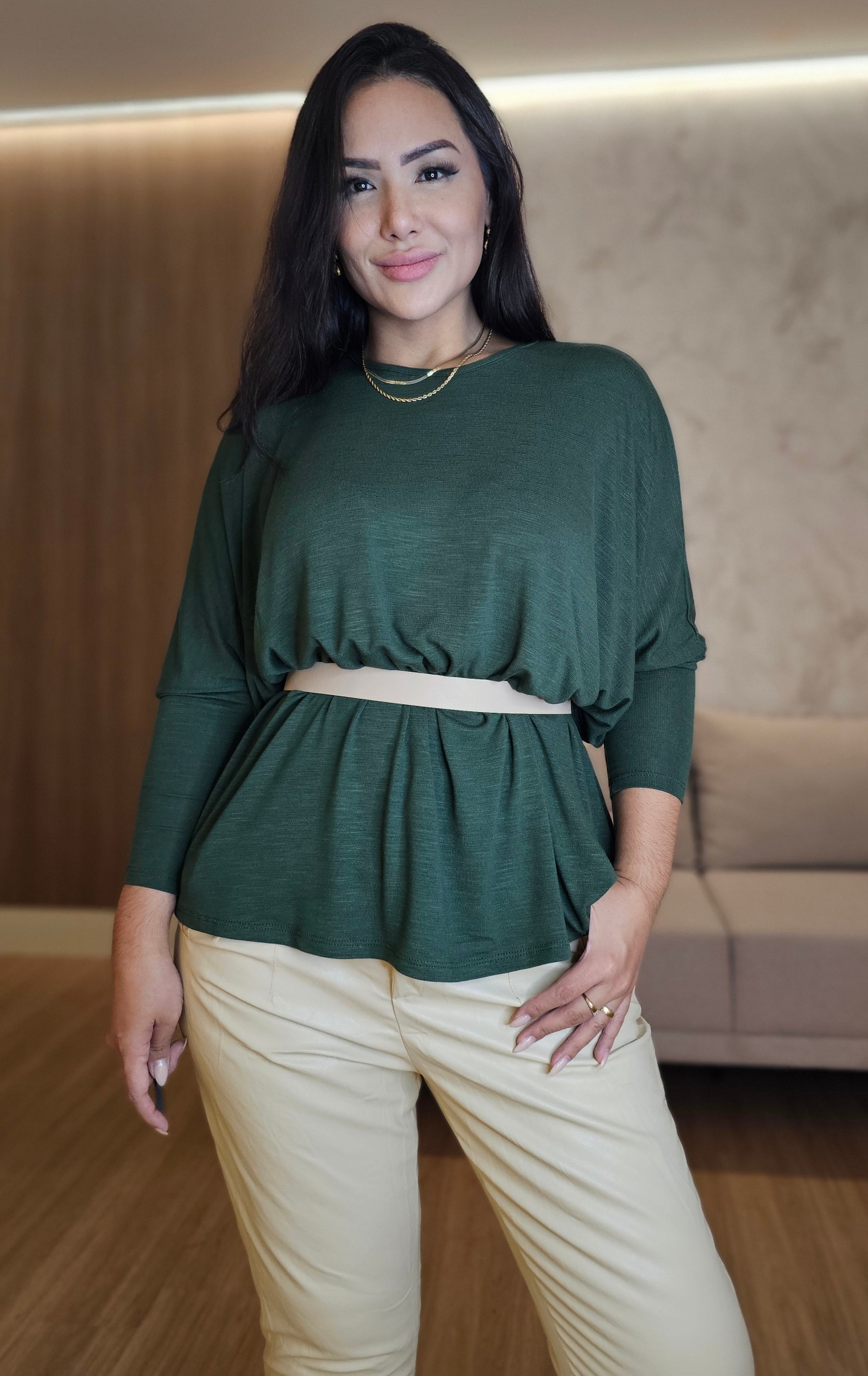 Blusa ampla Feminina Verde - Manga Longa