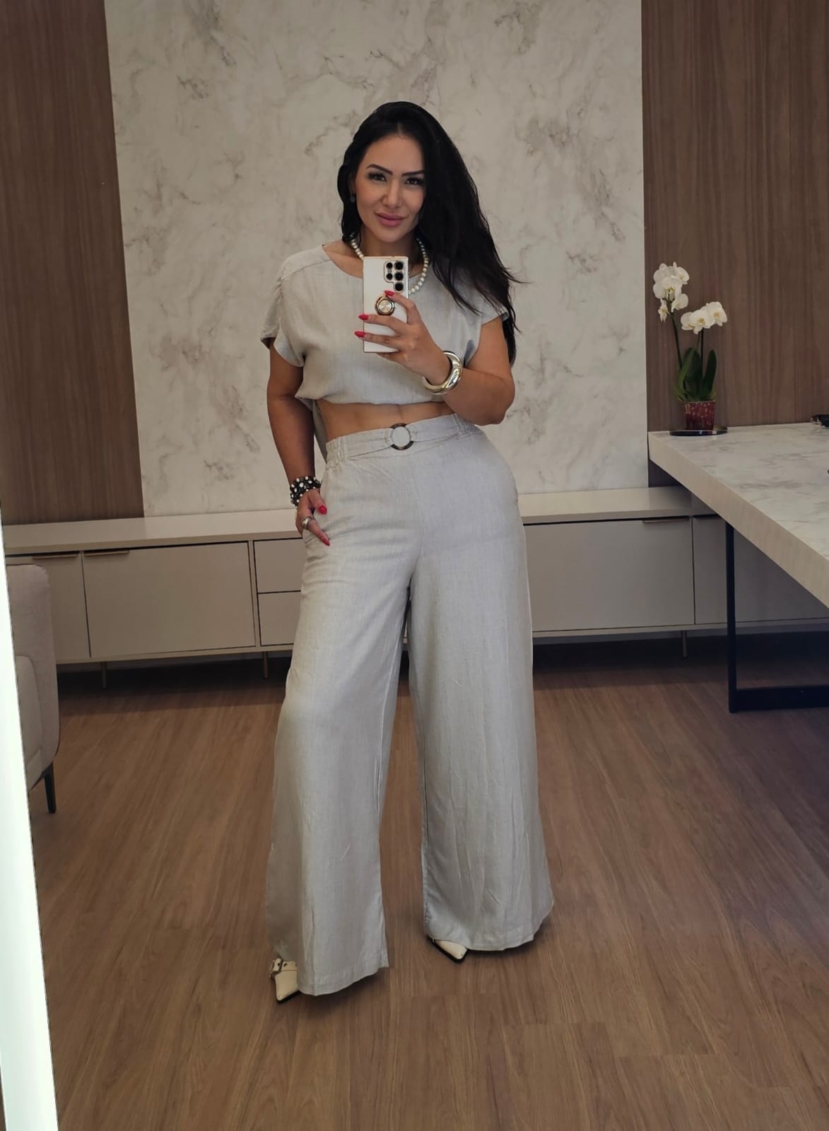 Conjunto Luxo Feminino de Pantalona - cinza claro