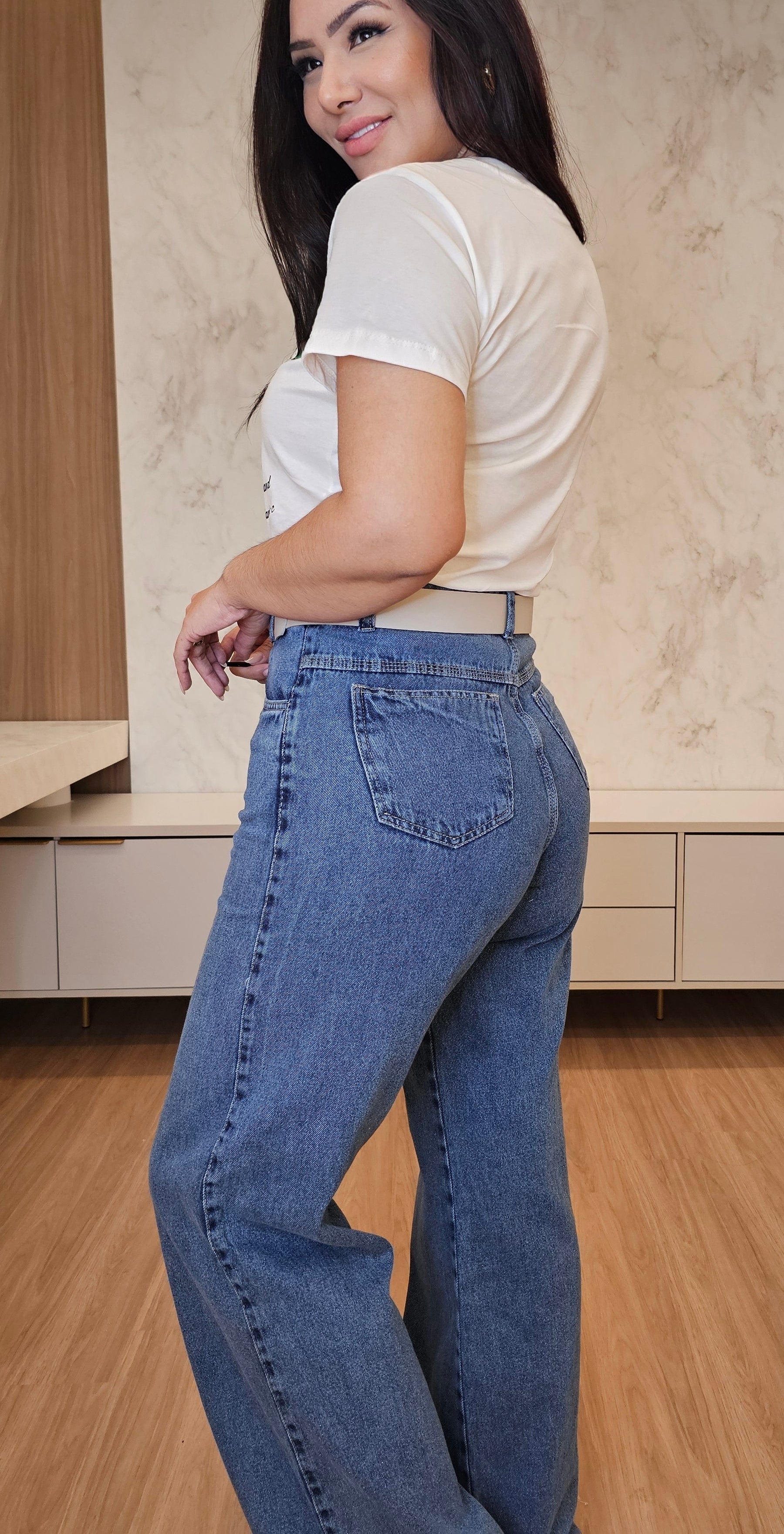 Calça jeans feminina wide leg 100% algodão