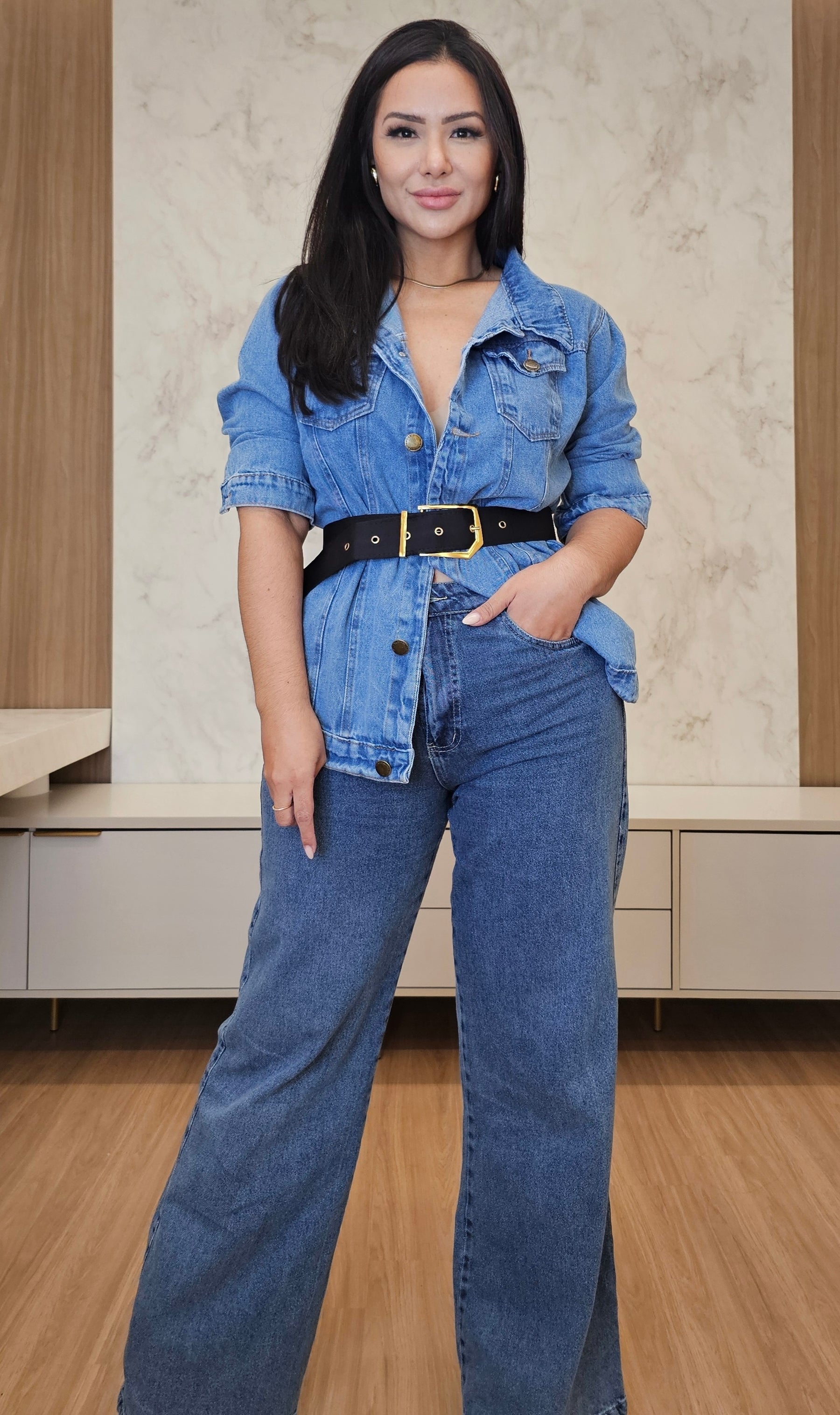 Calça jeans feminina wide leg 100% algodão