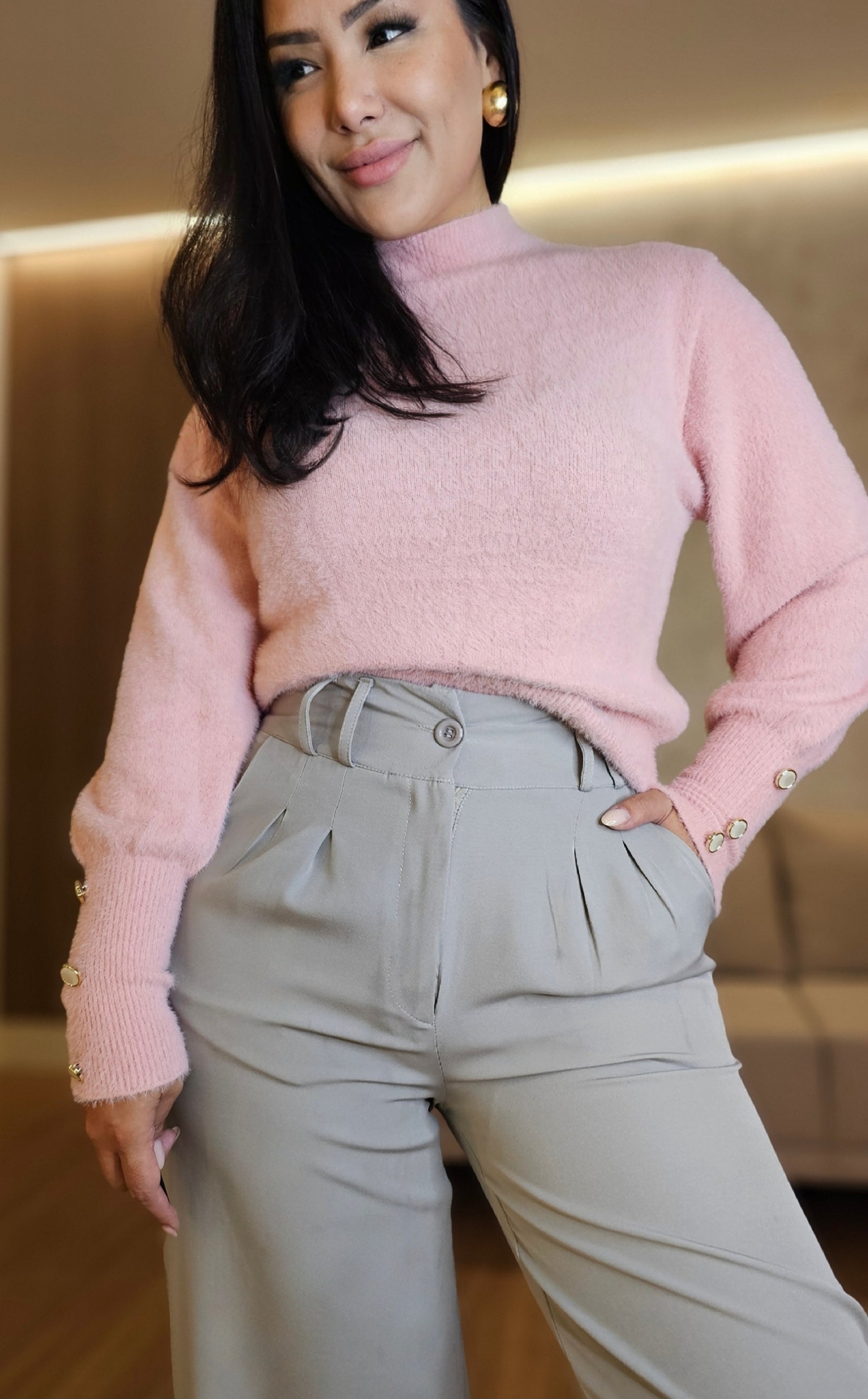 Calça Pantalona feminina cinza em Alfaiataria