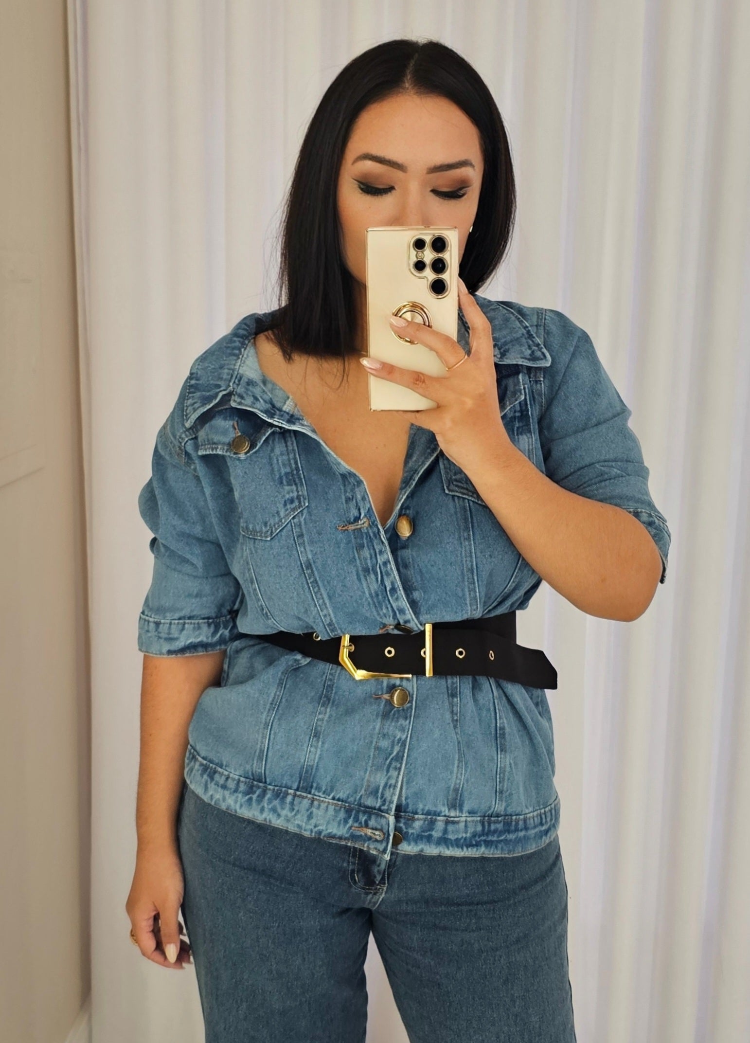Camisa feminina oversized de jeans estruturado 100% algodão - moderna e atemporal