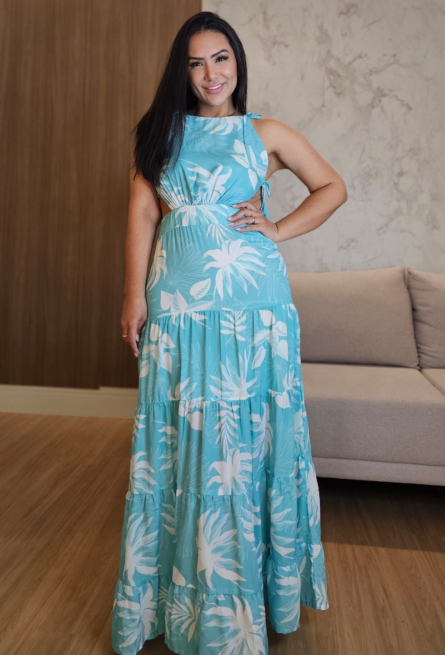 Vestido Longo Estampado com forro