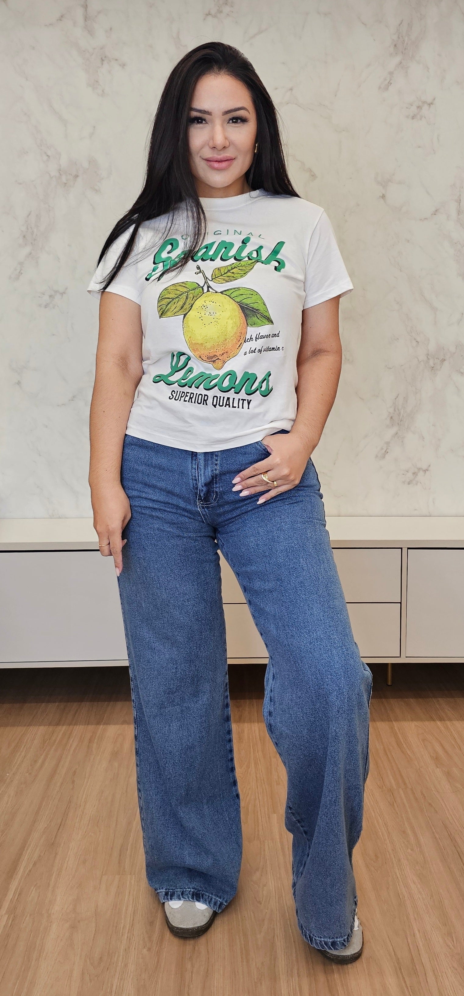 Calça jeans feminina wide leg 100% algodão