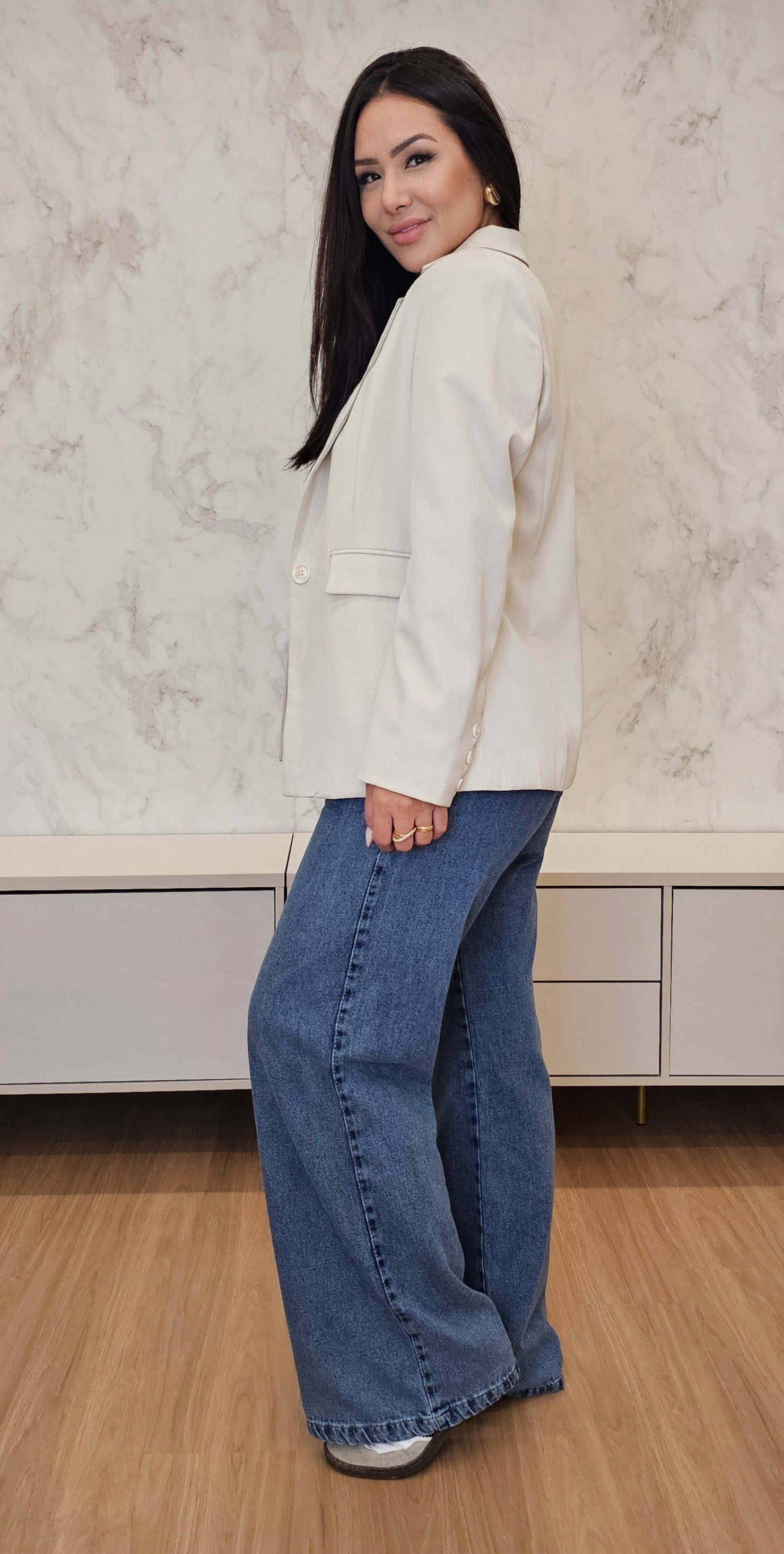 Calça jeans feminina wide leg 100% algodão