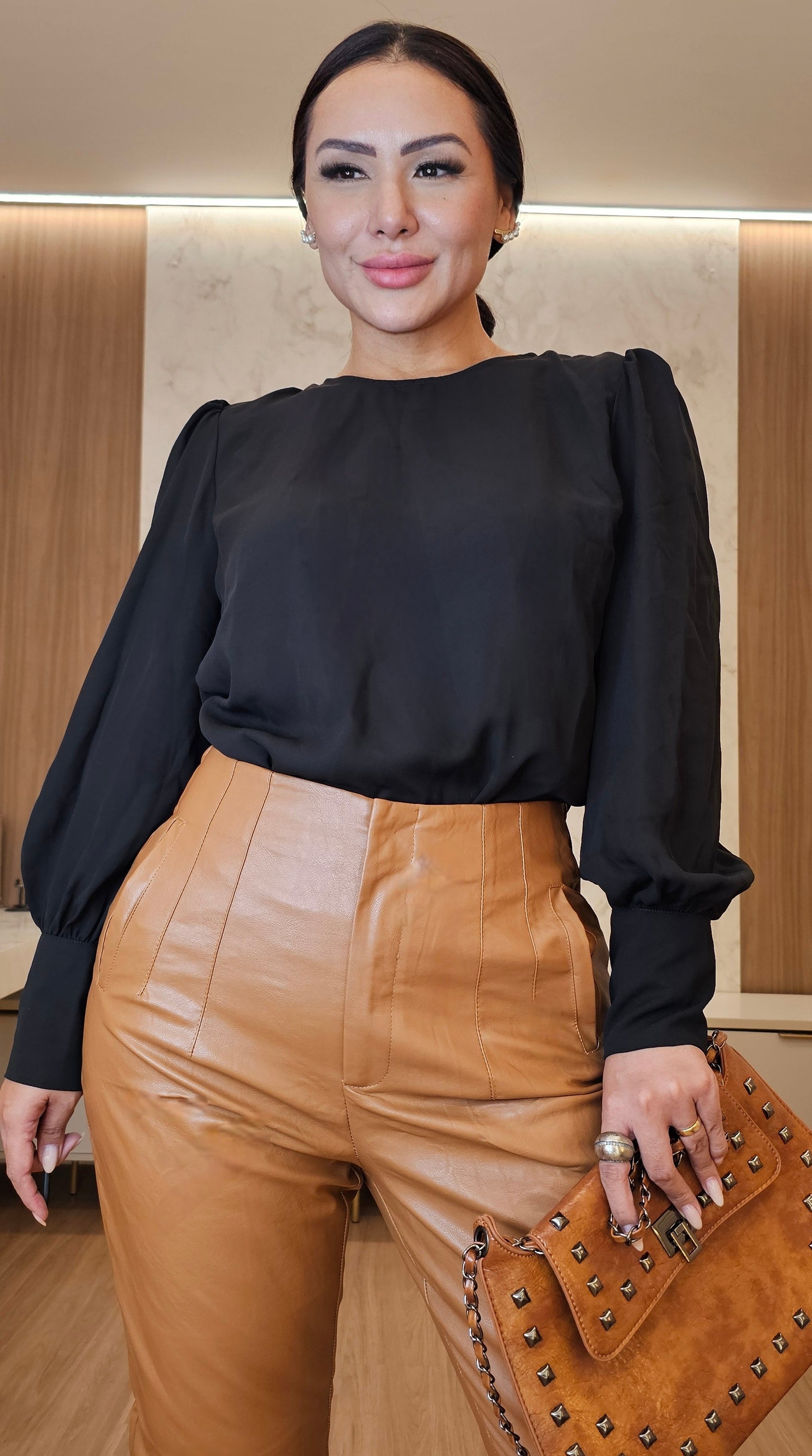 Calça feminina caramelo em PU modelo Zara - Cintura alta