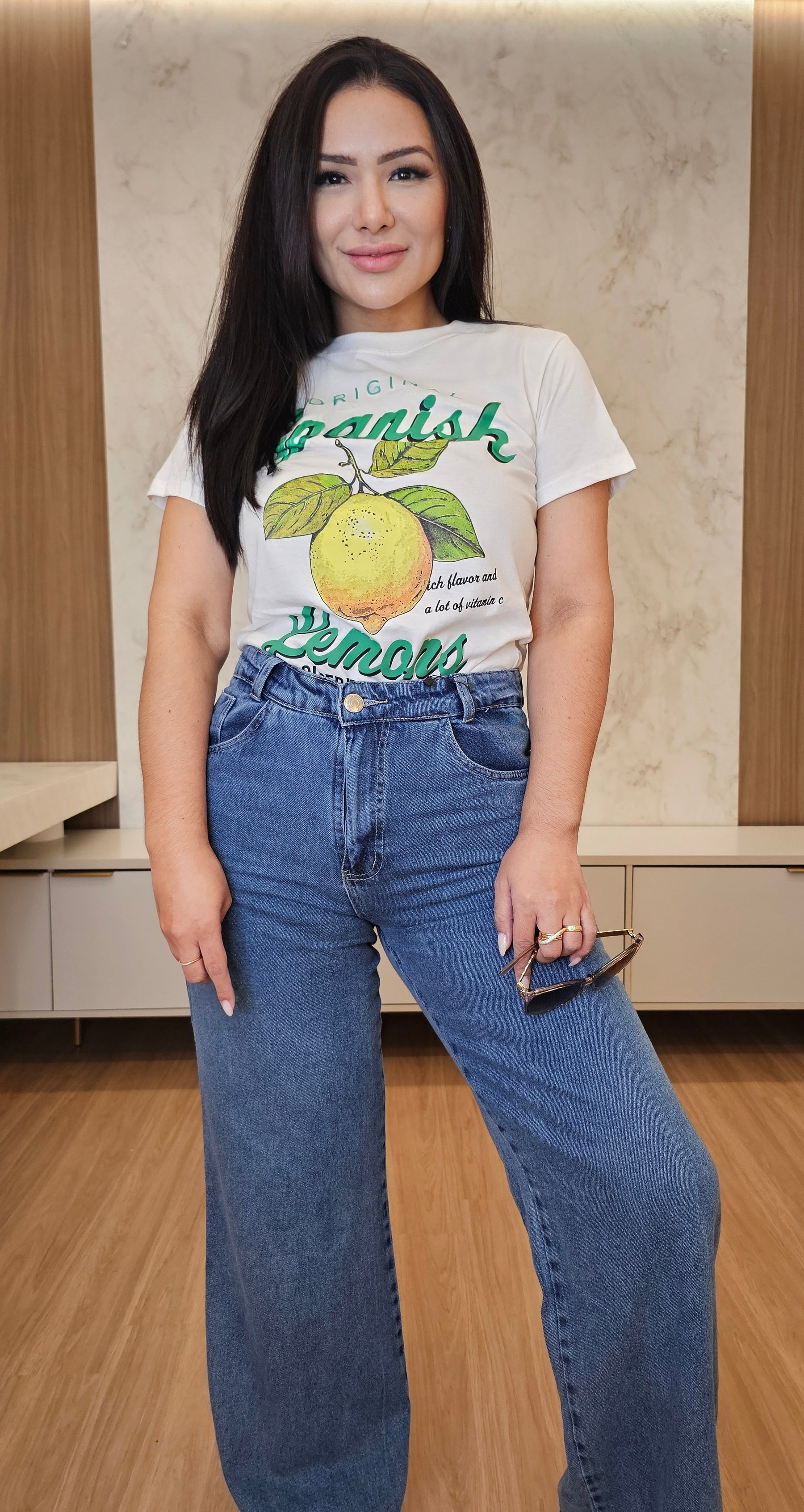 Calça jeans feminina wide leg 100% algodão