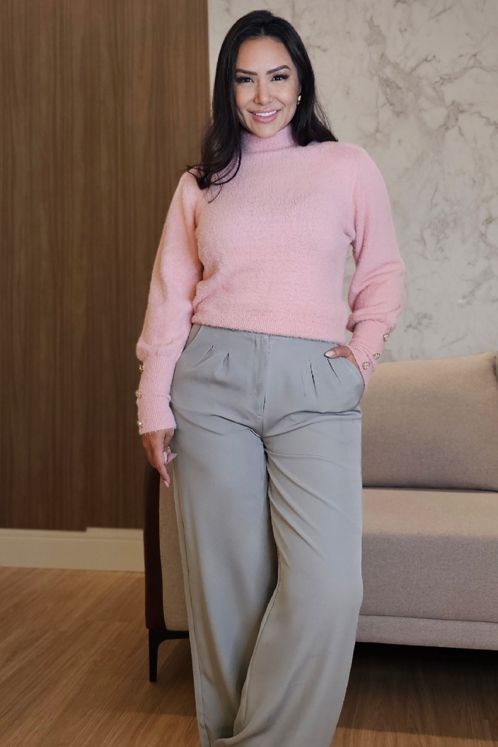 Calça Pantalona feminina cinza em Alfaiataria