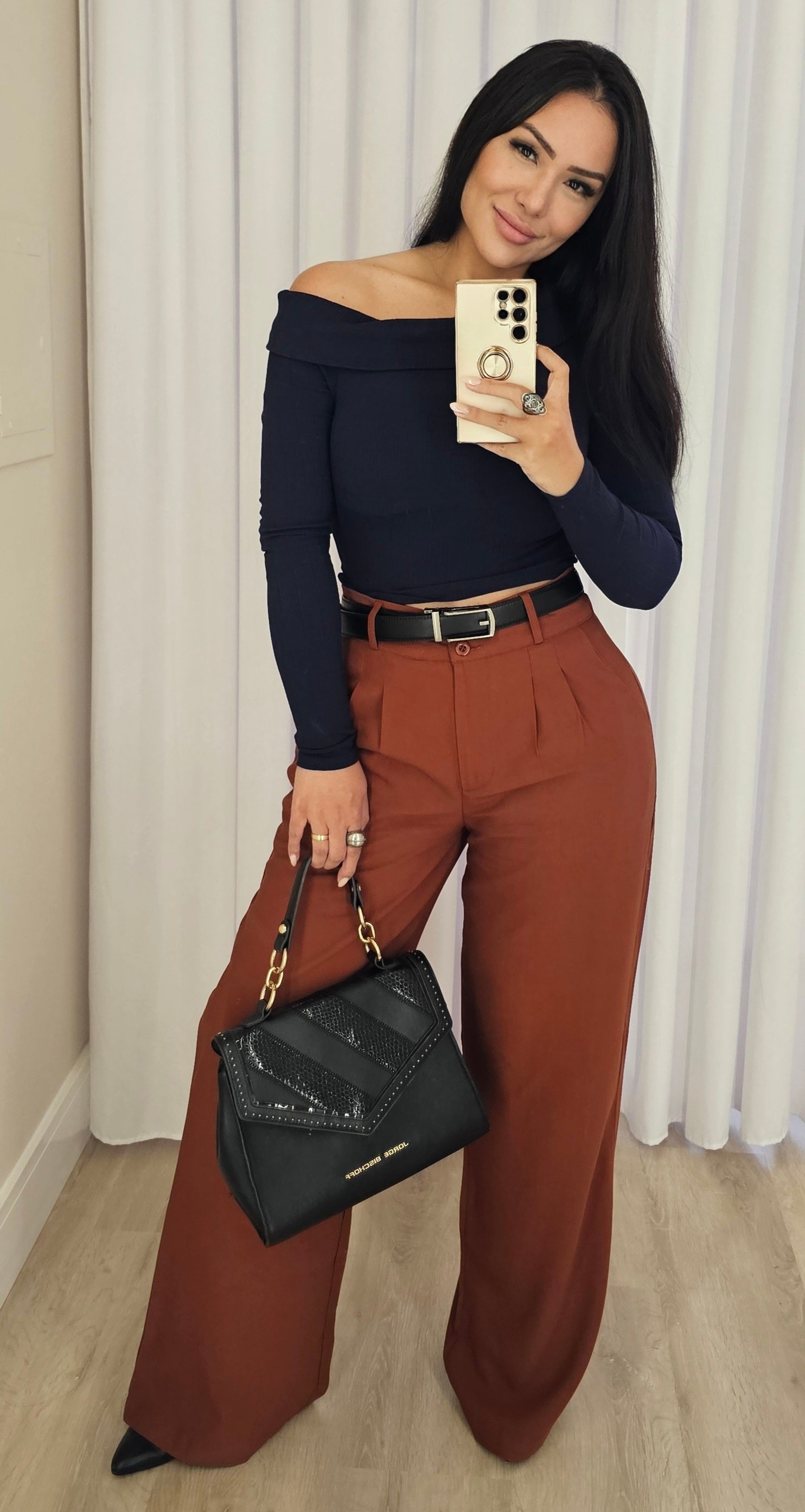 Calça feminina Pantalona marrom em alfaiataria