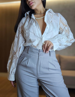 Calça Feminina Pantalona de Alfaiataria Cinza