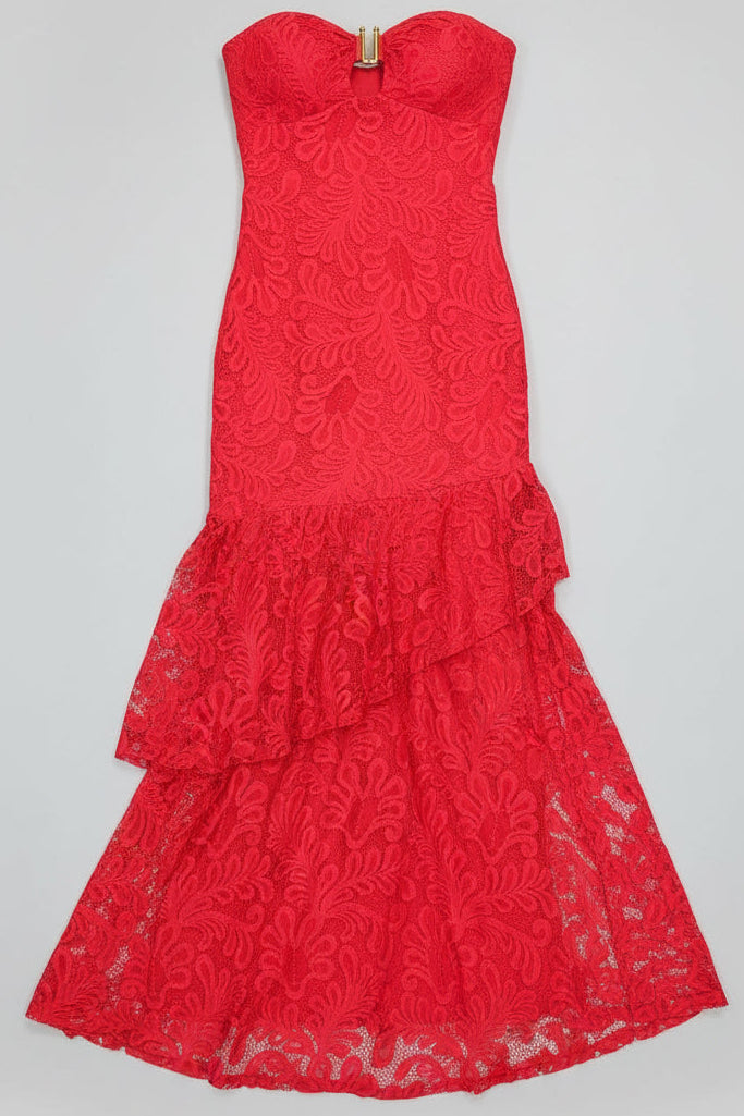 Vestido longo assimétrico em renda premium