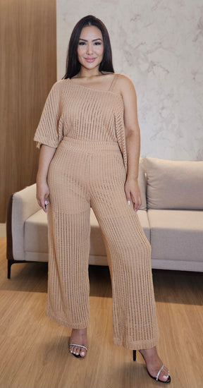 Conjunto Feminino de Tricô Premium Nude – Blusa Versátil e Calça com Dupla Possibilidade de Uso
