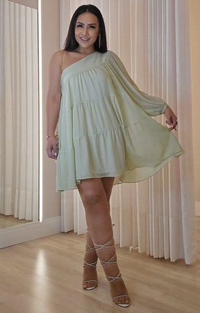 Vestido Curto Ombro Único Verde Claro para Festa e Cocktail – Feminino