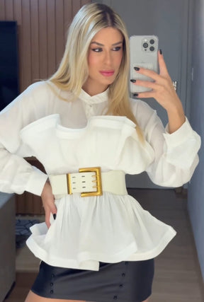 Camisa Feminina luxo Branca com Babados e cinto