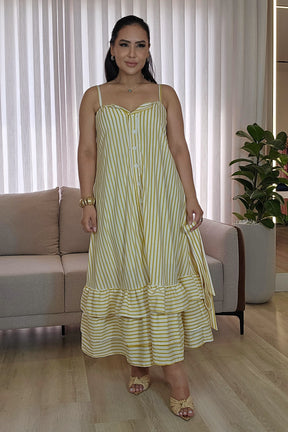 Vestido Listrado com Faixa e babados