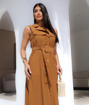 Vestido/Chemise midi em alfaiataria luxo com botões frontais e faixa de amarração