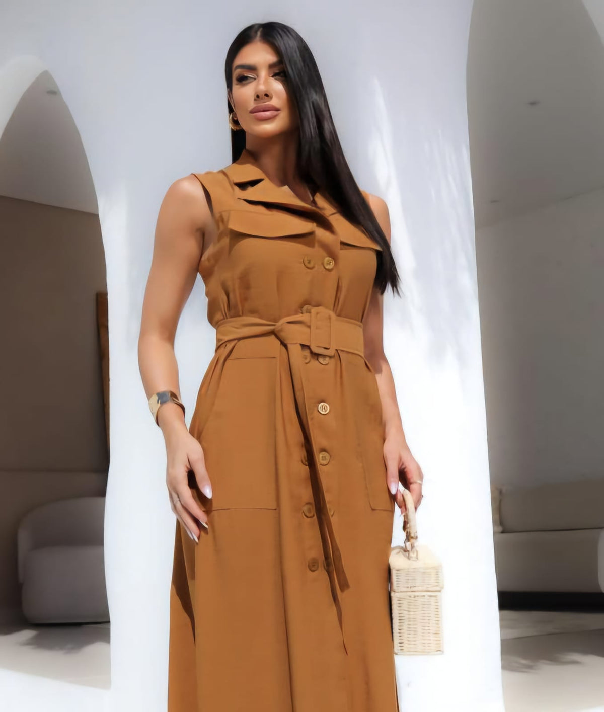 Vestido/Chemise midi em alfaiataria luxo com botões frontais e faixa de amarração