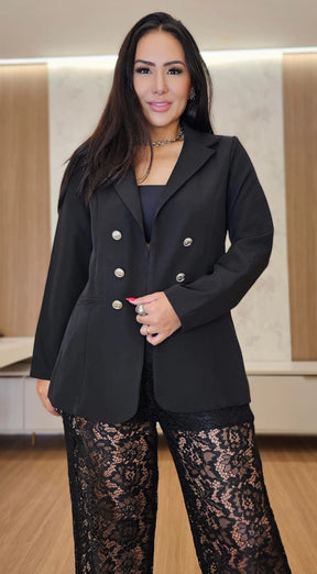 Calça feminina reta preta em Renda Premium com elástico na cintura - Renata