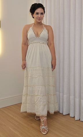 Vestido Longo Feminino em Laise com Detalhes Dourados