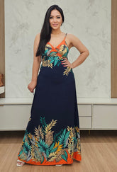 Vestido longo fluido azul marinho com estampa - Com forro, bojo e alças reguláveis