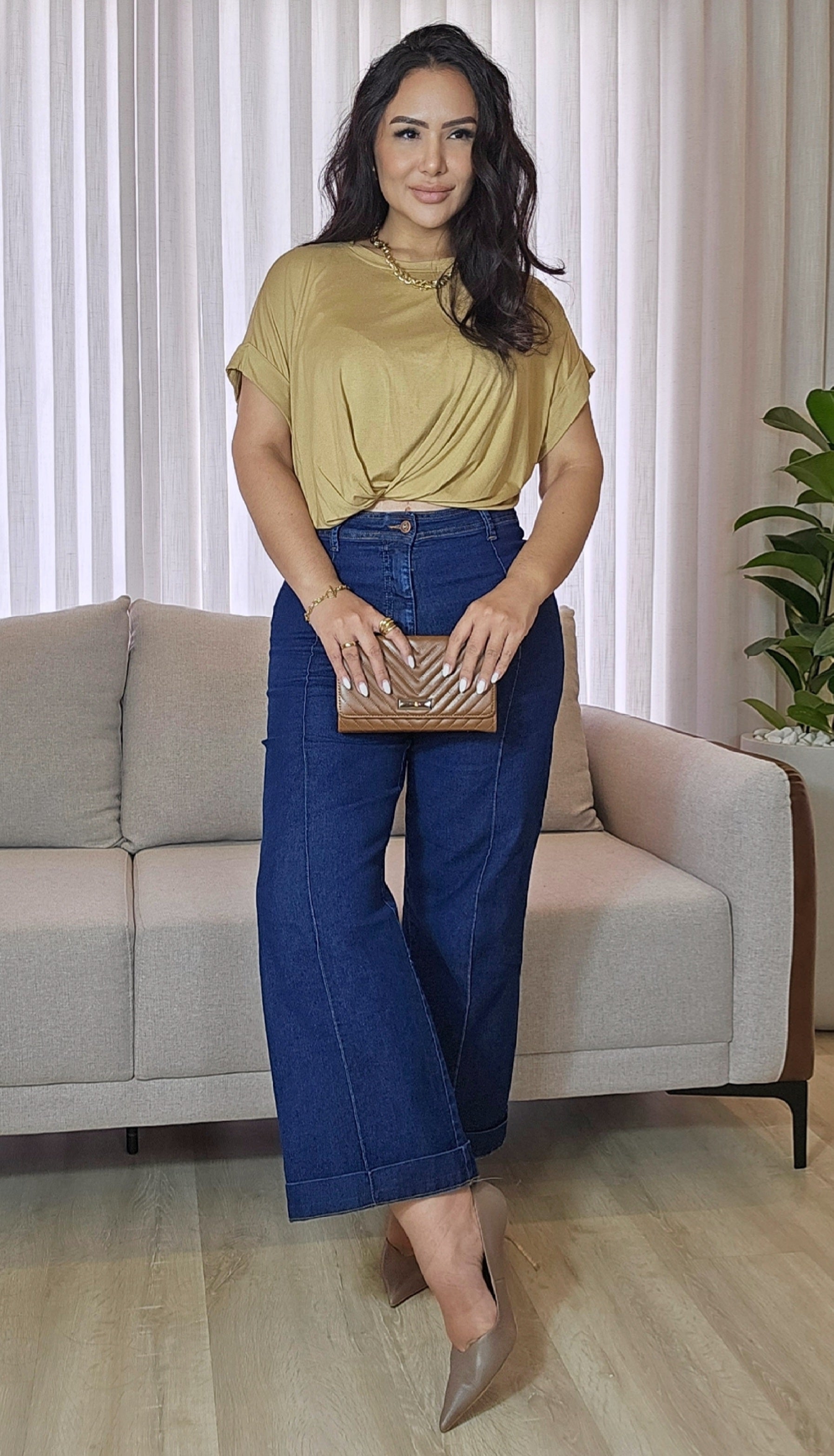 Calça Jeans Wide Leg Feminina Cintura Alta Azul Escuro com Costura Marcada