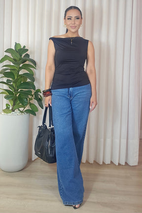 Calça Jeans Feminina Wide Leg Cintura Alta
