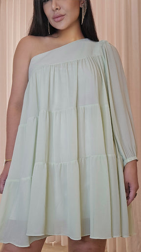 Vestido Curto Ombro Único Verde Claro para Festa e Cocktail – Feminino