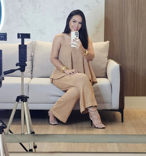 Conjunto Feminino de Tricô Premium Nude – Blusa Versátil e Calça com Dupla Possibilidade de Uso