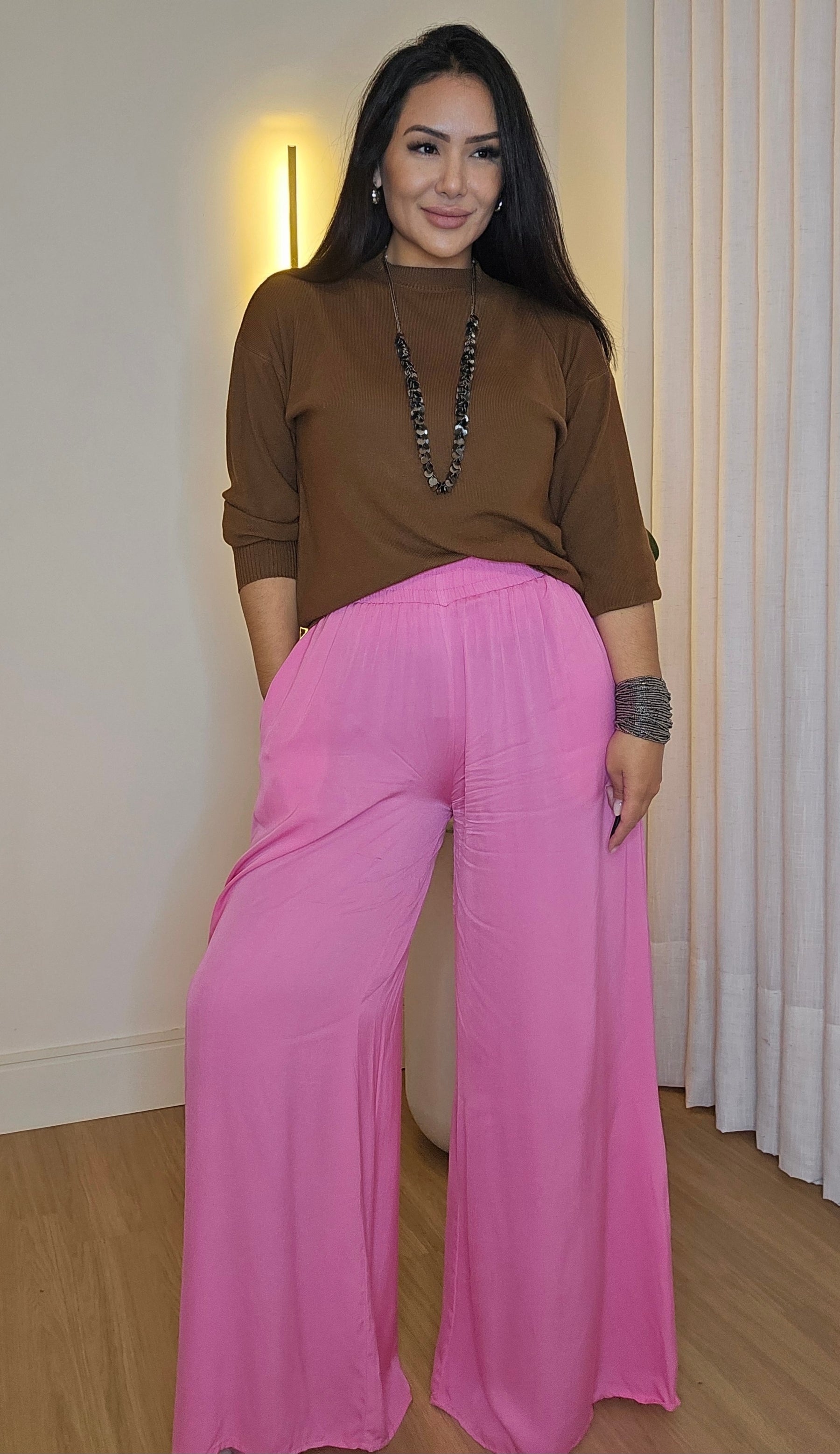 Pantalona Rosa Feminina com Forro e Bolsos Laterais – Tamanho Único