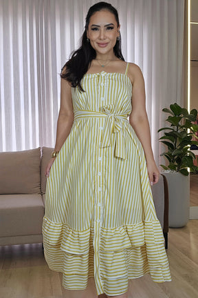 Vestido Listrado com Faixa e babados