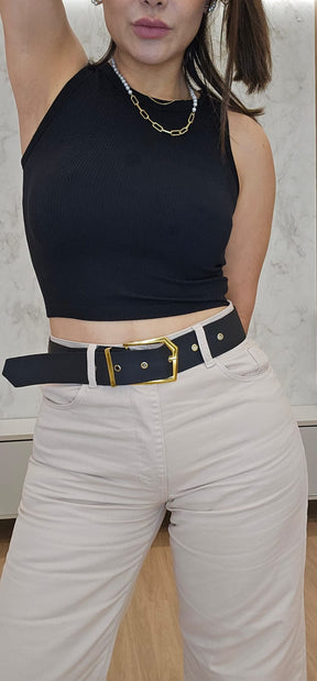 Calça Pantalona feminina nude em Sarja com cintura alta e bolsos – Ellen