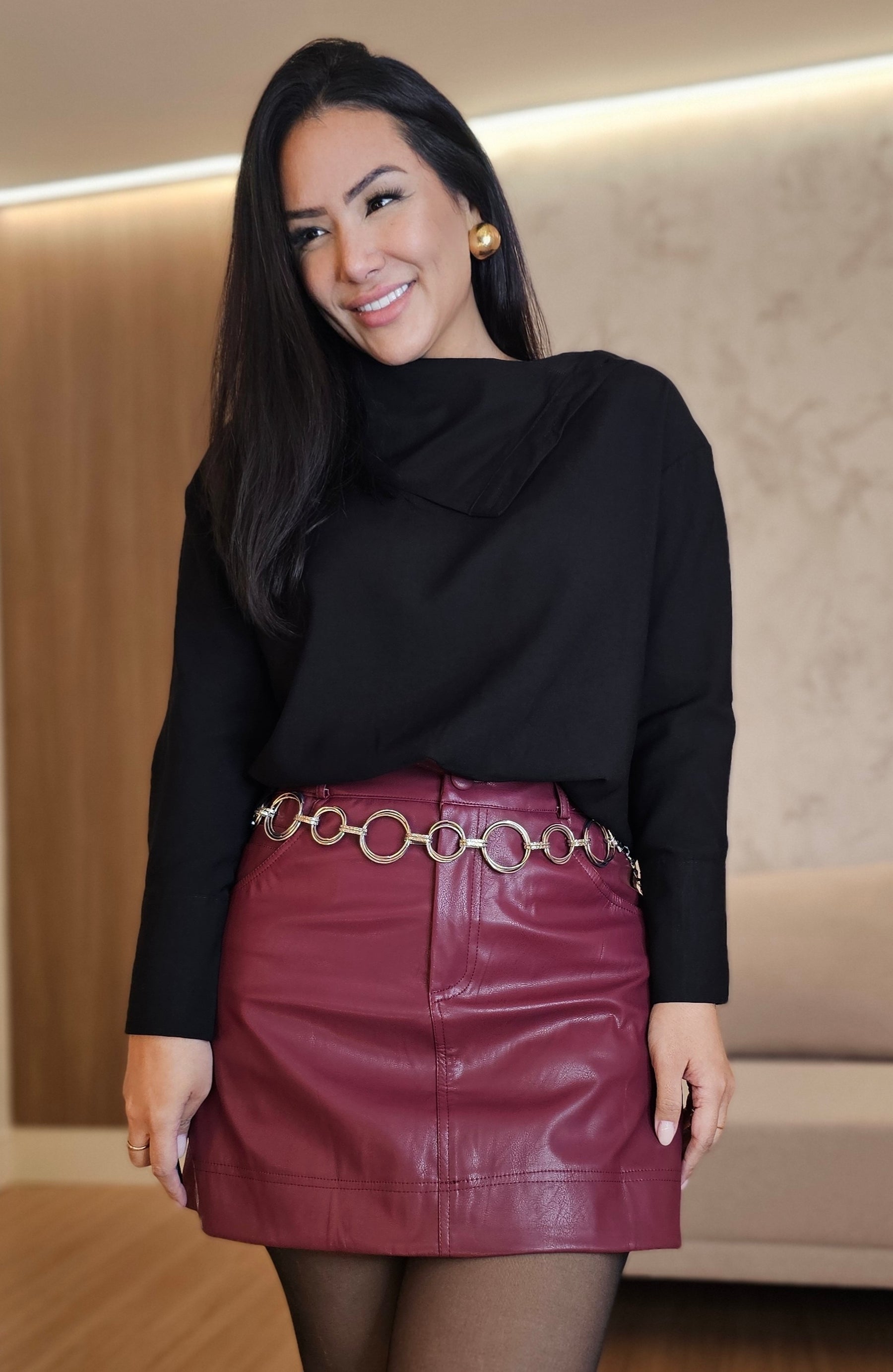 Short Saia Feminino PU Premium marsala – Estrutura Elegante com Visual Imponente
