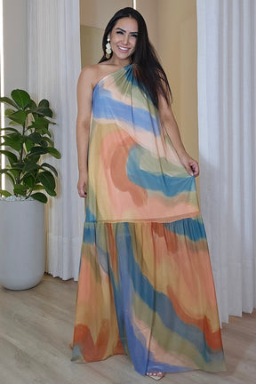 Vestido longo em tule estampado deslumbrante