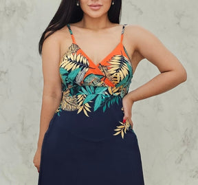 Vestido longo fluido azul marinho com estampa - Com forro, bojo e alças reguláveis