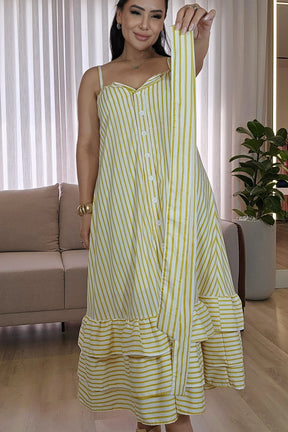 Vestido Listrado com Faixa e babados