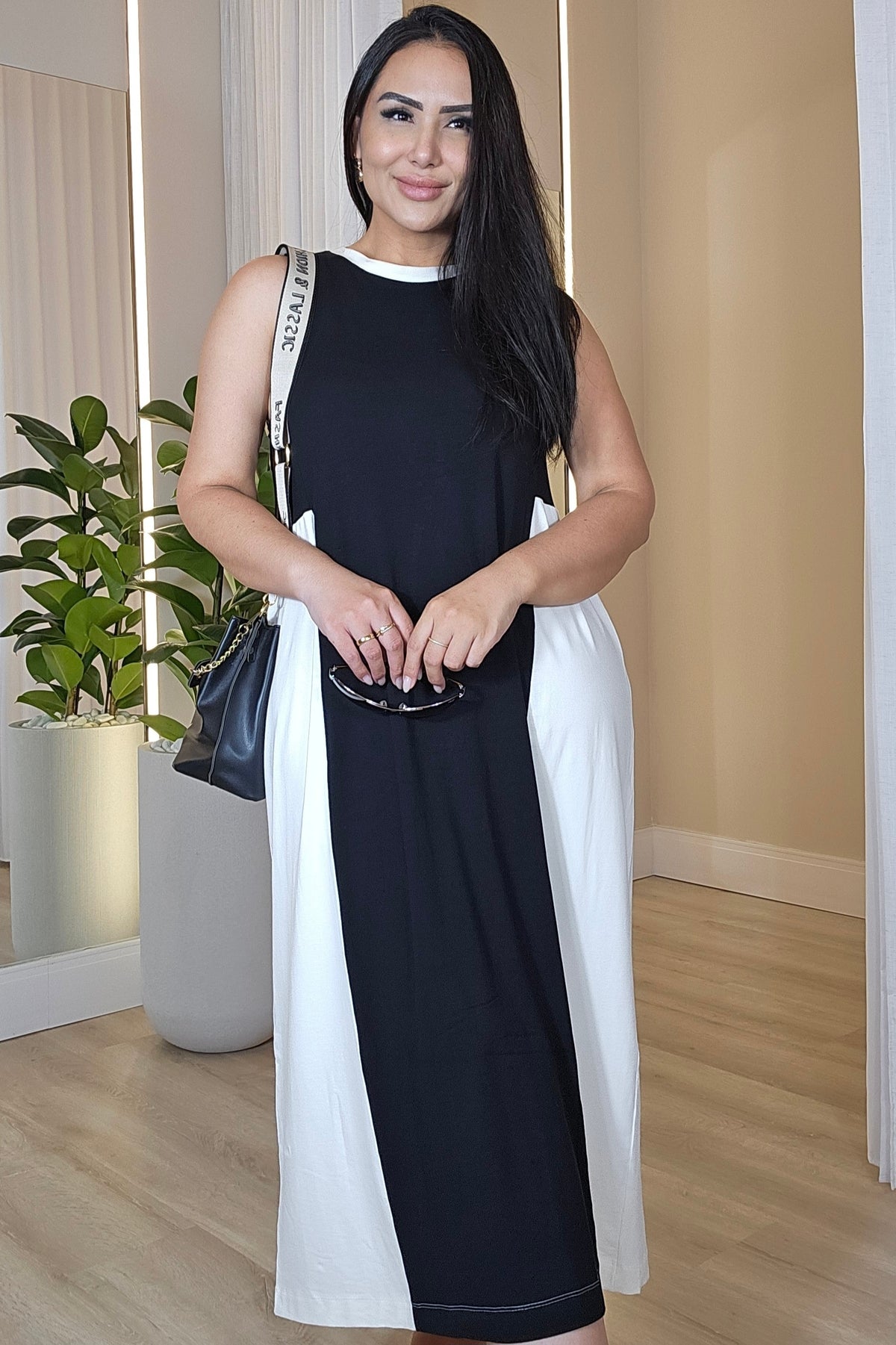 Vestido midi Bicolor em algodão Premium